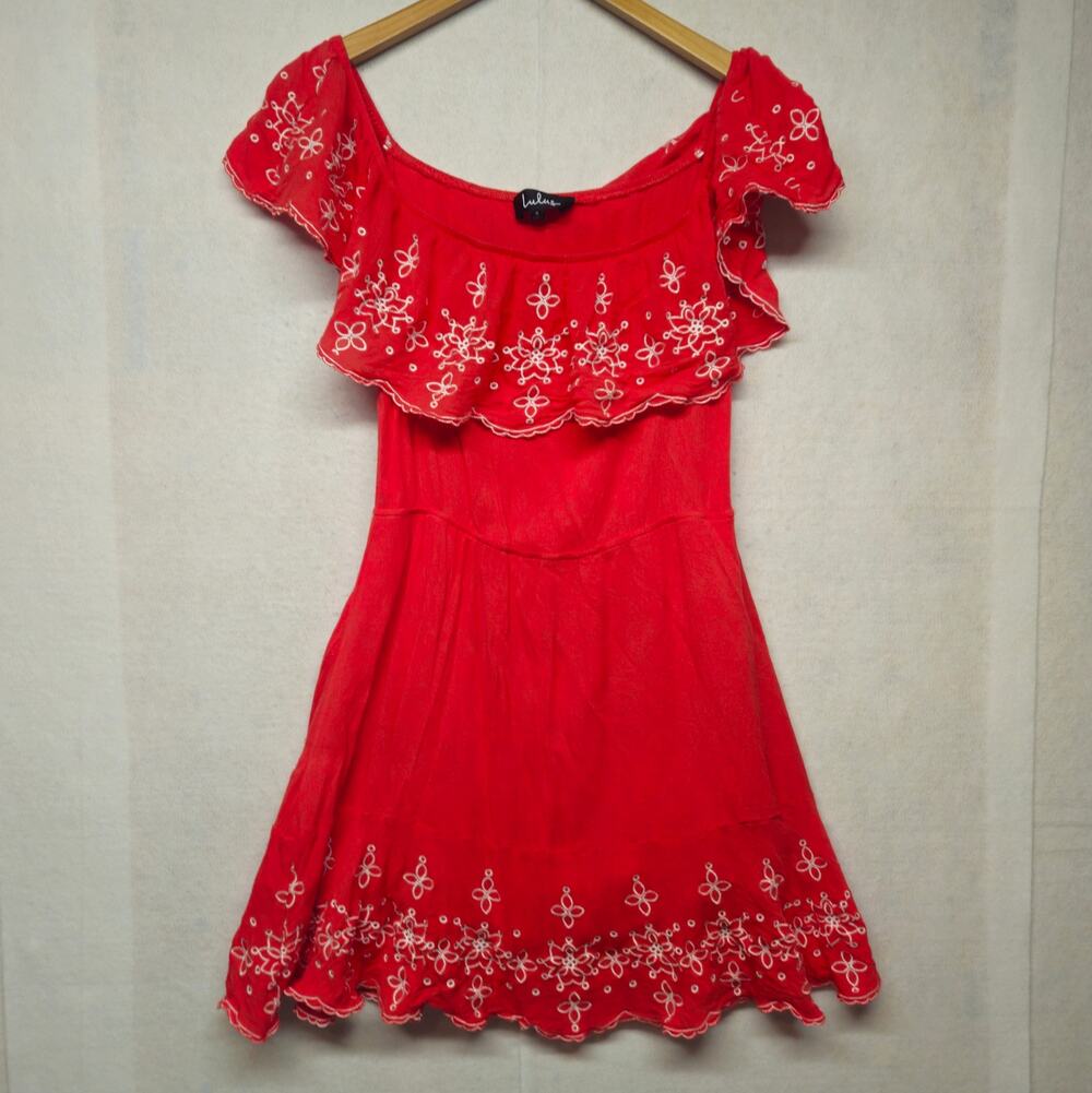Lulus Red Embroidered Off The Shoulder Boho Mini Dress Sz Small